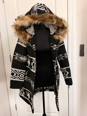 BB Dakota Aztec Print Hooded Coat Faux Fur Trim XS